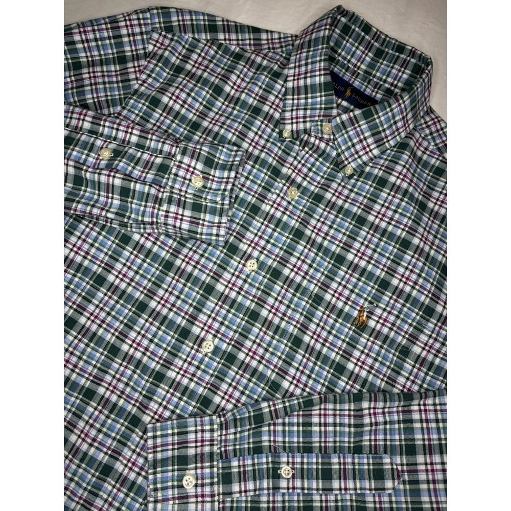 Ralph Lauren Long Sleeve Button Down Shirt Men's Medium Plaid Heavy Green Pocket